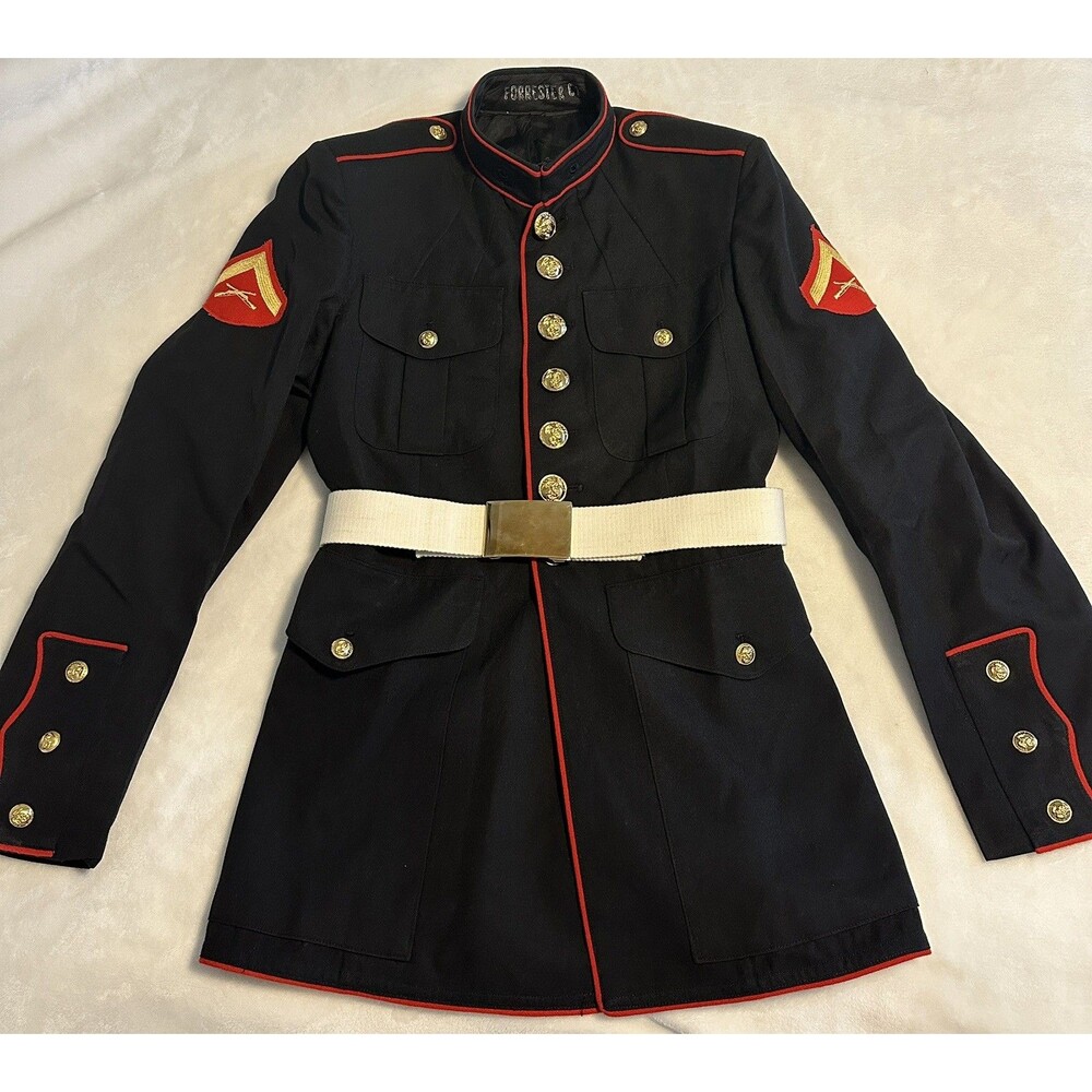 Vintage 1989 USMC Dress Blues Jacket Coat 38R Crown Clothing Belt Lance Corporal